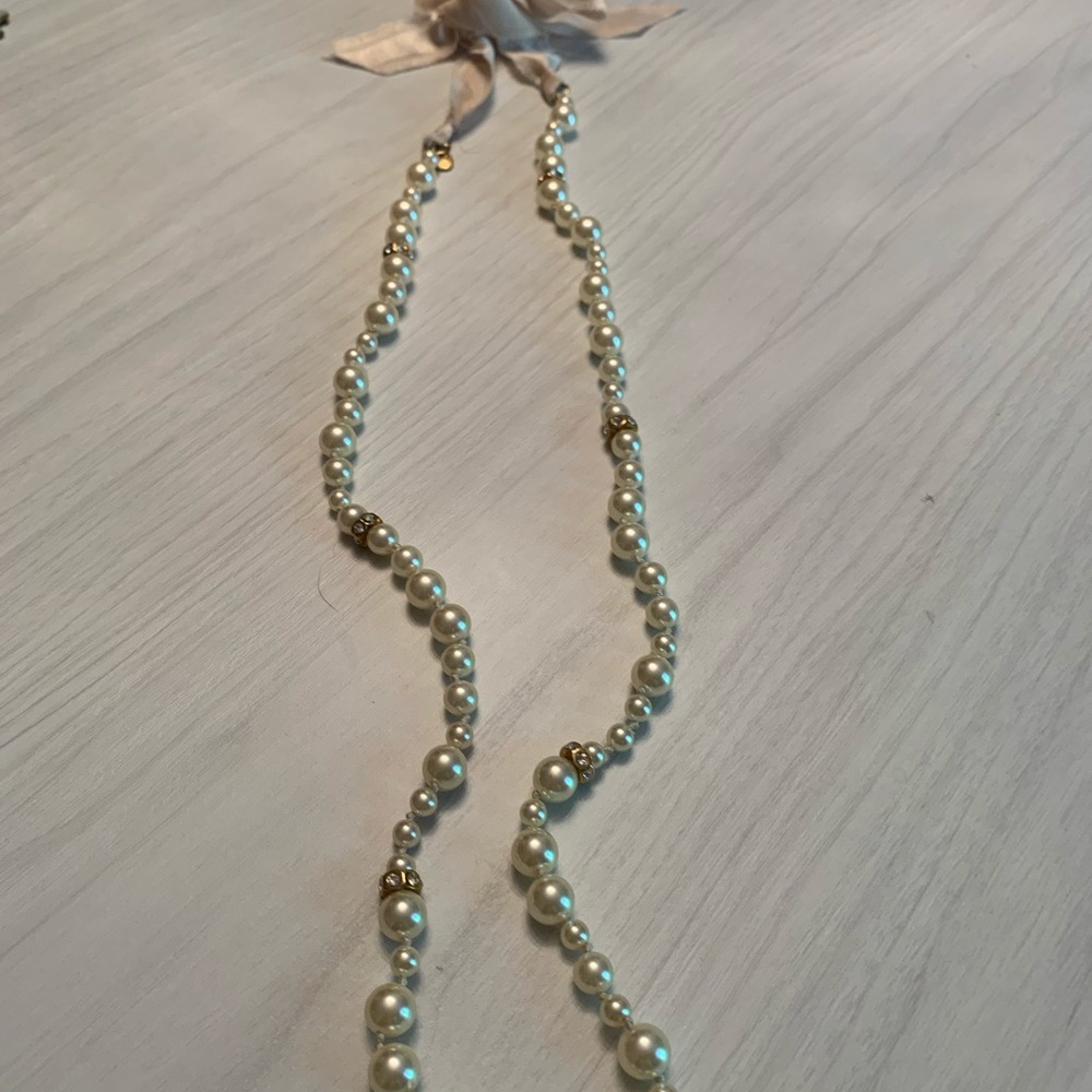 J crew pearl long necklace with ribbon tie